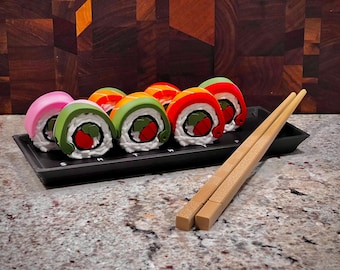 Sushi Supplements Case – Weekly Pill Organizer & Keychain Set | Rainbow Roll Design with Tray And Chopsticks