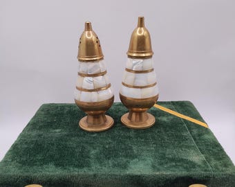Antique Brass and Mother of Pearl Salt and Pepper Shakers with Original Box