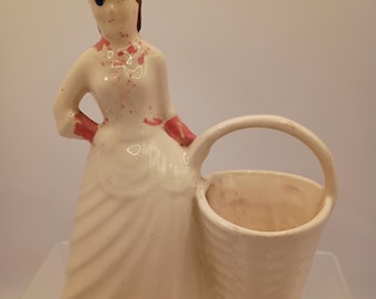 Unmarked Vintage Lady with Basket Ceramic Planter - 1940's