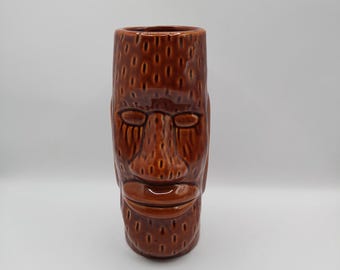 Vintage Brown Glazed Ceramic Tiki Mug - 7" Shelf Decor