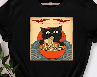 Cat Ramen T-Shirt, Japanese Funny Graphic, Kawaii Cat Anime Gifts, Cute Cat Ramen Lover, Funny Cat for Anime Fans, Gift for Cat Lovers