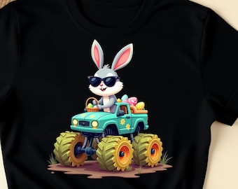 Bunny Happy Easter T-Shirt, Monster Truck Lovers Kids Tee, Easter Boys Outfit, Cute Bunny Truck Shirt, Fun Easter Egg Hunt, Spring Holiday