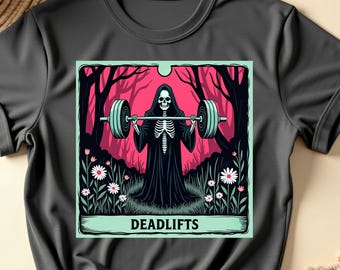 Funny Tarot Card Deadlifts Gym T-Shirt, Occult Fitness Workout Tee, Strength Training Tarot Shirt, Weightlifting Humor Tee, Mystic Gym