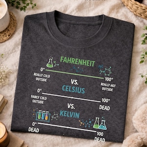Op de afbeelding: Donkergrijze heather t-shirt met een wetenschappelijk thema dat Fahrenheit, Celsius en Kelvin vergelijkt. De afbeelding bevat tekst en illustraties van chemische structuren en laboratoriumapparatuur.