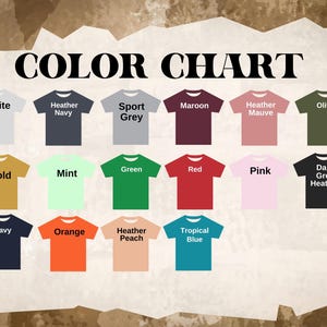 Puede incluir: Una carta de colores que muestra camisetas de varios colores, incluyendo negro, blanco, marino, gris, granate, rosa, oliva y verde. El texto "COLOR CHART" est&aacute; en la parte superior.