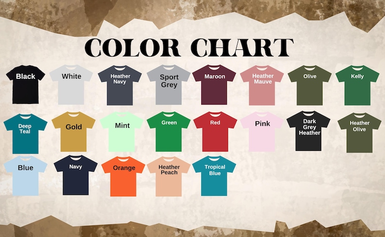 Puede incluir: Una carta de colores que muestra camisetas de varios colores, incluyendo negro, blanco, marino, gris, granate, rosa, oliva y verde. El texto "COLOR CHART" est&aacute; en la parte superior.