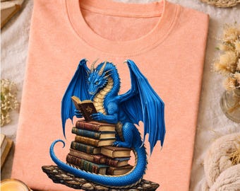 Camiseta de dragón para amantes de los libros, ratones de biblioteca y lectores de fantasía. Regalo para lectores ávidos. Lectura de dragones mágicos. Biblioteca acogedora.