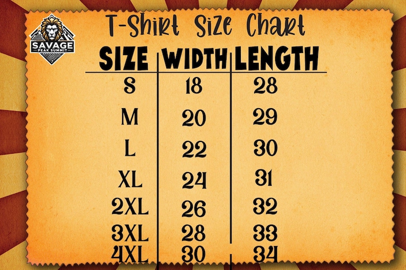 Puede incluir: Tabla de tallas de camisetas con el logotipo de Savage Peak Summit. La tabla muestra las tallas S a 4XL, con medidas de ancho y largo en pulgadas. El fondo es un papel texturizado y envejecido. Anchos de 45.7 cm a 76.2 cm.