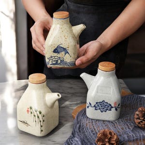 Japanese Ceramic Sauce Dispenser | Vinegar & Oil Bottle | Olive Oil Dispenser | Kitchen Cooking Condiment Bottle | Vintage Sauce Container