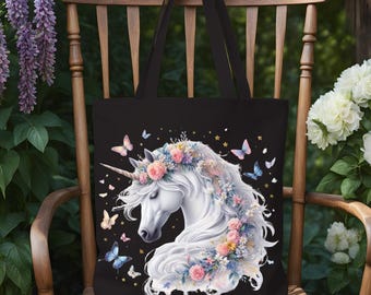 Draagtas magische eenhoorn met bloemen en vlinders – Aesthetic Fantasy Gift