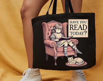 Draagtas kat lezend meisje, cadeau boekenliefhebber