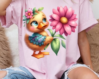 T-shirt met eend met bloem, zomer-T-shirt