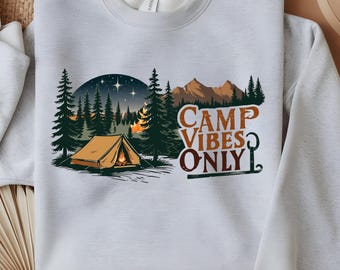Retro Camp Vibes-sweatshirt, vintage campinghoodie, trui natuurliefhebber, outdooravonturenkleding, campercadeau voor mannen en vrouwen