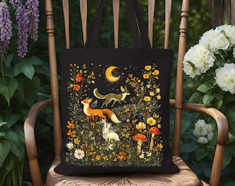 Woodland Fox Tote Bag, Cottagecore Forest Animals Art