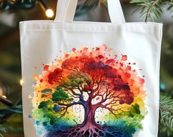 Regenbogen Baum des Lebens Tragetasche: Umweltfreundliche Einkaufstasche aus Canvas