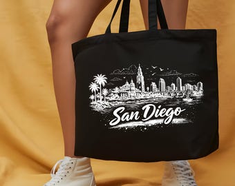 San Diego-draagtas, canvas tas skyline stad, Californië souvenir, reiscadeau voor haar, herbruikbare boodschappentas, esthetische strandtas