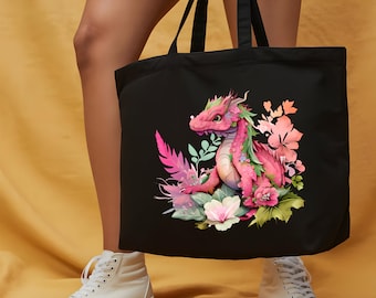 Schattige draagtas met bloemendraak, roze fantasiecanvas shopper, Cottagecore Esthetic Bookish-tas, Fairycore Dragon Lover-cadeau, kawaii pastelkleurige tas