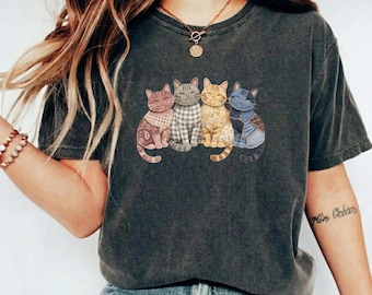 Comfort Colors® vintage T-shirt met patchwork katten, shirt Cute Cat Lover, T-shirt boho Cat, shirt met retro esthetiek katten
