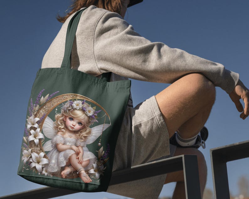 K&ouml;nnte beinhalten: Dunkelgr&uuml;ne Tragetasche mit einer Feenillustration. Die Fee hat blondes Haar, wei&szlig;e Fl&uuml;gel und ein wei&szlig;es Kleid, umgeben von wei&szlig;en Lilien, Lavendel und einem goldenen Halbmond. Die Tasche hat dunkelgr&uuml;ne Griffe.
