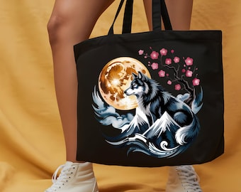 Wolf Moon Canvas Tote Bag, Japanese Sakura Art