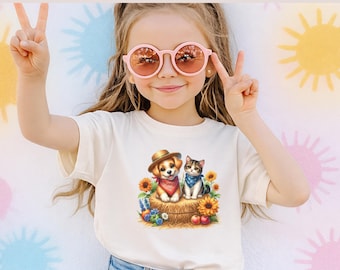 Schattige puppy en kitten kindershirt, T-shirt boerderijdieren, babyromper zonnebloem herfst, country Pet Youth-kleding