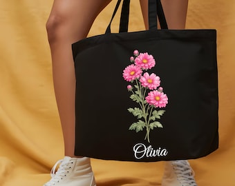 Gepersonaliseerde draagtas geboortebloem, aangepaste canvas tas met bloemennaam