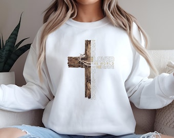 Christian Cross Sweatshirt John 3:16 For God So Loved the World Faith Gift