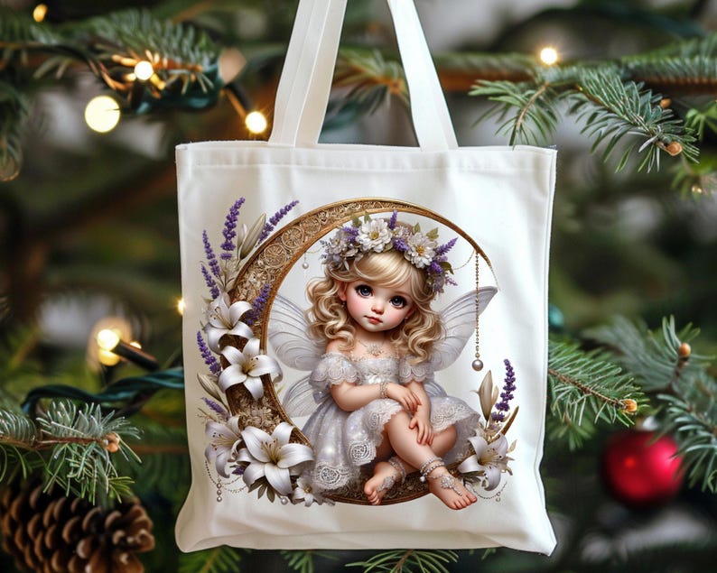 K&ouml;nnte beinhalten: Wei&szlig;er Stoffbeutel mit einer detaillierten Illustration einer Fee mit blonden Haaren, Fl&uuml;geln und einem Blumenkranz, die auf einem Halbmond sitzt. Das Design umfasst wei&szlig;e Lilien, Lavendelzweige und einen goldenen Rahmen. Die Tasche hat wei&szlig;e Griffe.