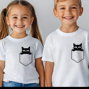 Cute Black Cat Pocket Shirt, Matching Sibling T Shirts, Baby Bodysuit, Toddler Shirt, Family Cat Lover Gift, Funny Kids Cat Tee