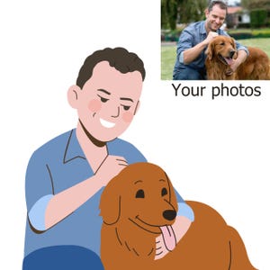 Aangepast portret huisdier en baasje – digitale download | Leuke tekening in vlakke stijl | Perfect cadeau voor dierenliefhebbers