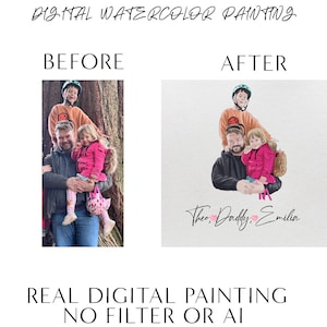 Aangepast portret vader en kind van foto – digitale kunst in aquarelstijl, Vaderdagcadeau voor papa, gepersonaliseerde familieillustratie