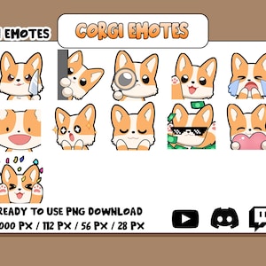 Corgi Emotes Bundle – 11 Cute Dog Emotes for Twitch, Discord, VTuber | Digital Download PNG