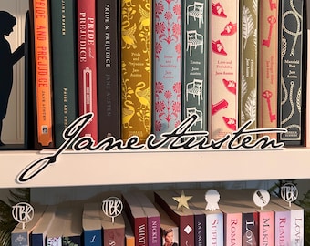 Jane Austen Signature-bord | Literair decor | Cadeau boekenliefhebber | Regentschapstijl | Boekenplankbord | BookNook | Genreteken