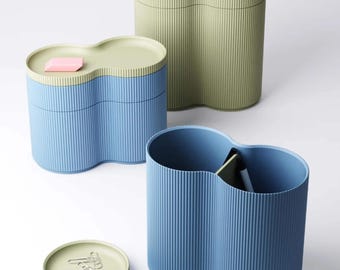 Modular ribbed desk organiser | modern stacking pen pot | storage box with lid | 3 tiers