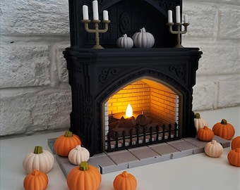 Halloween Fireplace Tealight Holder | Haunted House Scene | Gothic Pumpkin Candelabra Decor