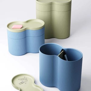 Modular ribbed desk organiser | modern stacking pen pot | storage box with lid | 3 tiers