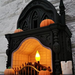 Portacandele per camino a tema Halloween / Mensola del camino gotica spettrale / Luce LED / Zucche / Ornamento nero