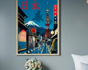 Japanese Tokyo Cartoon Japanese Illustration, Anime Style City Nigh Time Dark Street Scene Wall Art Print, Modern kyoto Decor Poster
