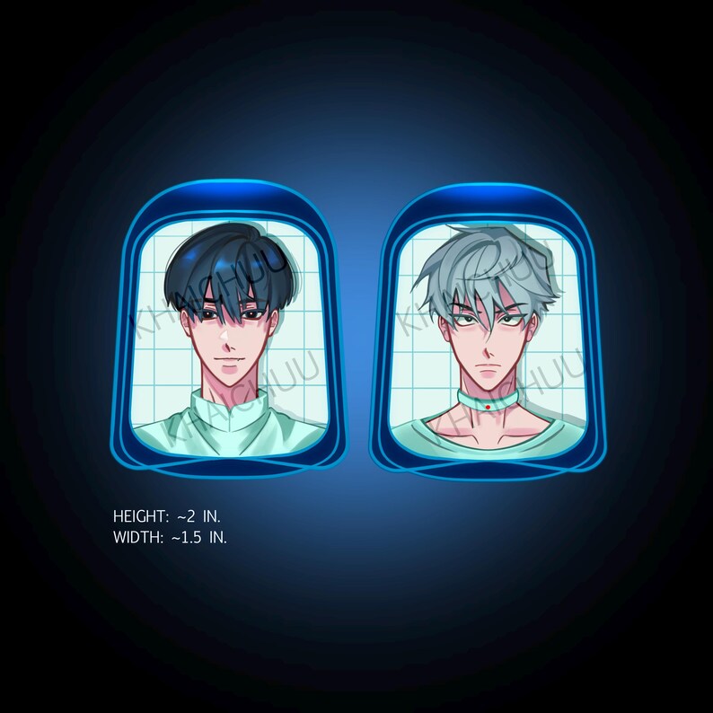 Puede incluir: Dos pegatinas de personajes de estilo anime. Cada pegatina presenta un personaje masculino con un peinado y una expresi&oacute;n &uacute;nicos, sobre un fondo de cuadr&iacute;cula dentro de un marco azul. La altura es de aproximadamente 5 cm y el ancho es de aproximadamente 3,8 cm.