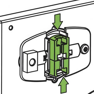 Könnte beinhalten: Illustration einer grünen Komponente, die auf einer weißen Oberfläche installiert wird. Die Komponente ist rechteckig mit mehreren ineinandergreifenden Teilen. Grüne Pfeile zeigen die Installationsrichtung an.