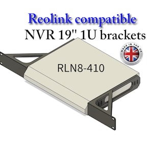 May include: A beige NVR bracket with black support arms. The text "Reolink compatible NVR 19" 1U brackets" is displayed in blue. The product code "RLN8-410" is printed on the beige surface. A "Made in the UK" sticker is visible.