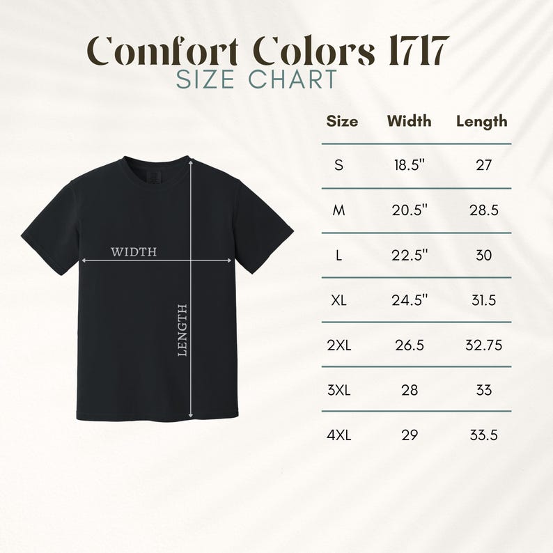 Pu&ograve; includere: Tabella delle taglie per le t-shirt Comfort Colors 1717, che mostra le misure di larghezza e lunghezza in pollici per le taglie S a 4XL.