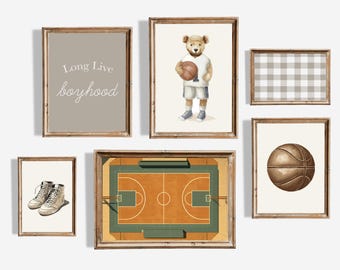 Neutral Basketball Nursery Wall Art Set – Boyhood Sports Prints for Kids Room (Digital Download)