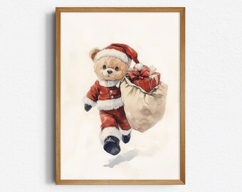 Santa Teddy Bear with Gifts | Christmas Nursery Print | Cute Holiday Bear Art (Digital Download)