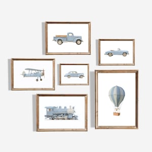 Impressões vintage de transporte para berçário – Conjunto de 6 artes de parede para quarto infantil – Carro, caminhão, biplano, trem e balão – Download digital
