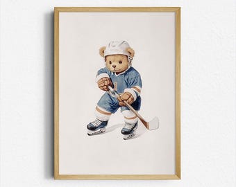 Vintage Hockey Teddy Bear Print: Retro Nursery Sports Decor (Digital Download)