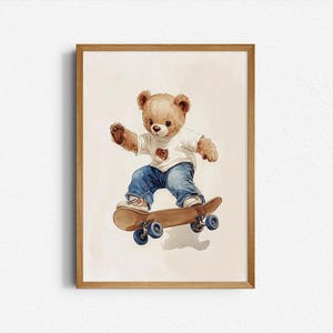 Vintage Skateboarding Teddy Bear Print | Retro Nursery Wall Art | Cute Bear Illustration | Printable Kids Room Decor | Digital Download