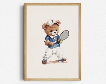 Vintage Tennis Bear Print | Retro Sports Wall Art | Kids Room & Nursery Decor | Printable Download