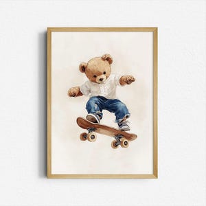 Vintage Skateboard Teddy Bear Print, Retro Animal Wall Art, Cool Nursery Decor, Skater Bear Poster, Digital Download