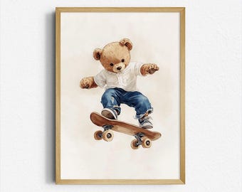 Vintage skateboard nallebjörnstryck, retro väggkonst för barnrum (digital nedladdning)